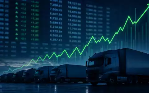 Old Dominion Freight Line US6795801009 zeigt NASDAQ-Börsen-Editorialbild mit steigendem Kursdiagramm und dunkler Frachtflotten-Silhouette - Foto: THN