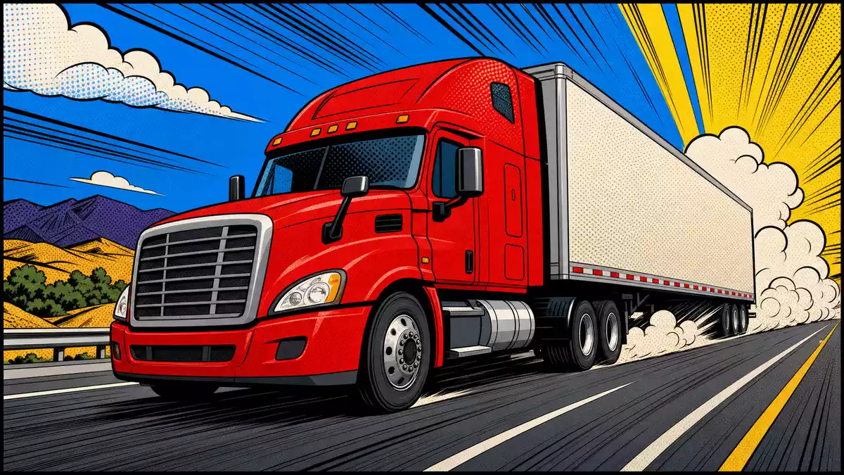 Pop-Art-Comicillustration eines roten generischen Frachttrucks mit Halbtonpunkten auf Highway