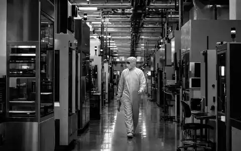 ON Semiconductor US6821891035 dokumentiert in Schwarz-Weiß-Reportage einen Ingenieur im Fluranzug einer Wafer-Fab - Foto: THN