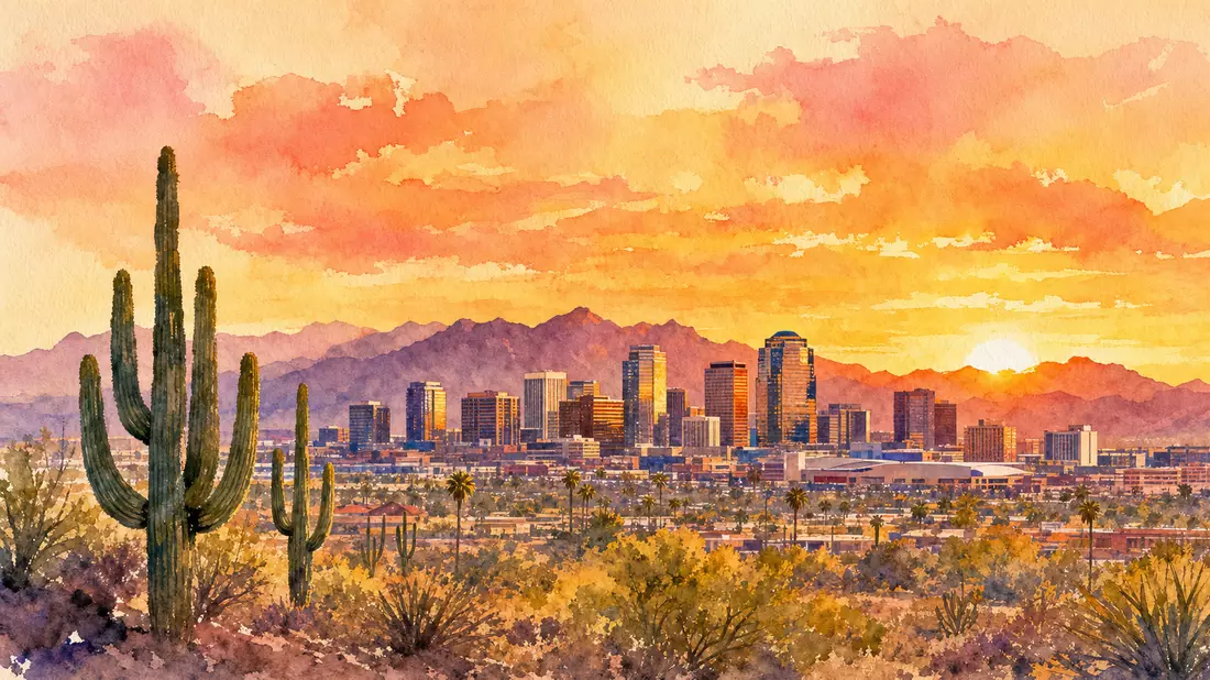 Aquarellmalerei der Skyline von Phoenix Arizona mit Wüstenbergen und Kakteen bei Sonnenuntergang