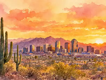 ON Semiconductor US6821891035 präsentiert ein Aquarellgemälde der Skyline von Phoenix Arizona bei Sonnenuntergang - Foto: THN