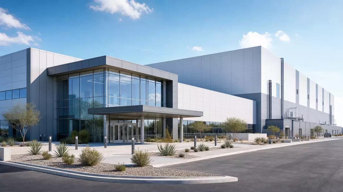 Architektonische Visualisierung einer modernen Halbleiterfabrik mit Glasfassade und Wüstenlandschaft