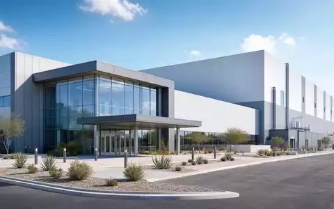 ON Semiconductor US6821891035 zeigt ein Architektur-Render einer modernen Halbleiterfabrik mit großem Reinraumgebäude und Wüstenlandschaft - Foto: THN