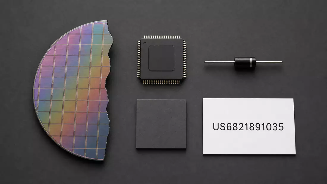 Flatlay-Anordnung aus Wafer-Fragment, Mikrochip, Diode, Substrat und Karte mit ISIN-Nummer
