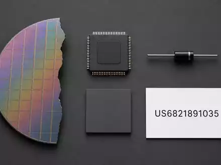 ON Semiconductor US6821891035 kombiniert Flatlay aus ISIN-Karte, Wafer-StĂŒck, Chip, Diode und SiC-Substrat - Foto: THN