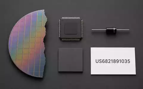 ON Semiconductor US6821891035 kombiniert Flatlay aus ISIN-Karte, Wafer-Stück, Chip, Diode und SiC-Substrat - Foto: THN