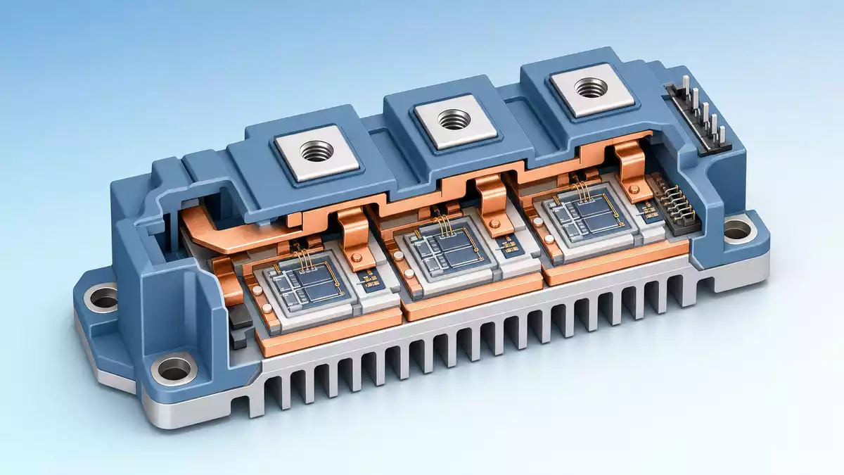 Isometrische 3D-Illustration eines Leistungselektronik-Moduls mit sichtbaren Halbleiter-Chips