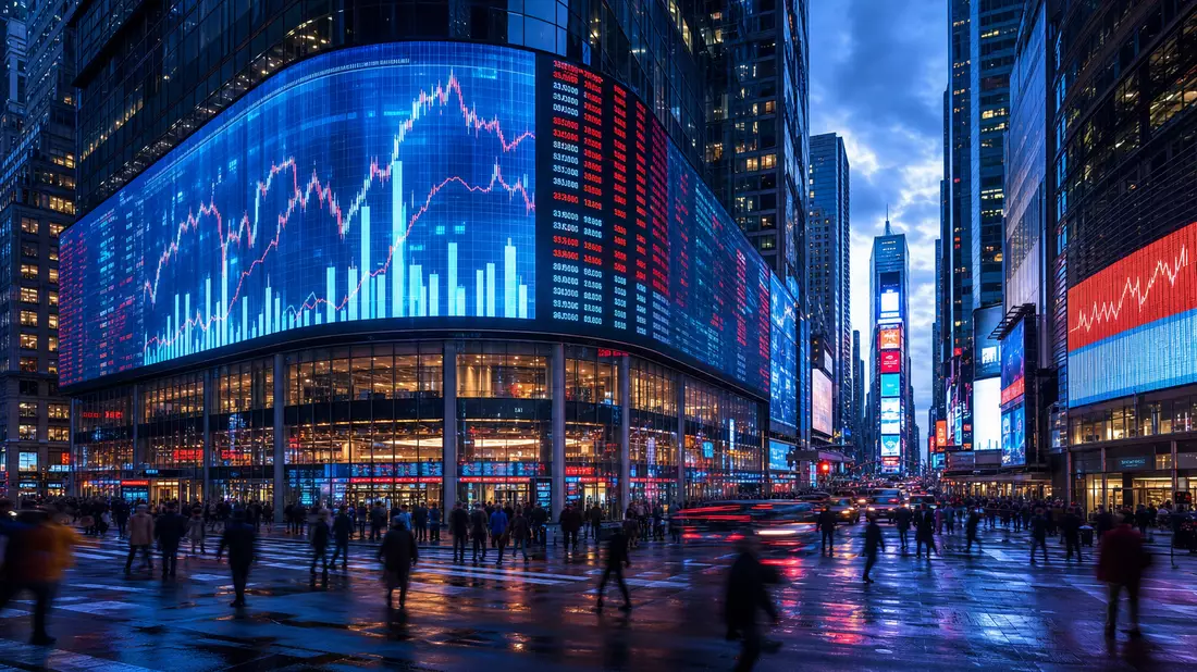 Editorial-Aufnahme einer beleuchteten NASDAQ-Anzeigetafel mit Börsenkursen bei Nacht in der Stadt