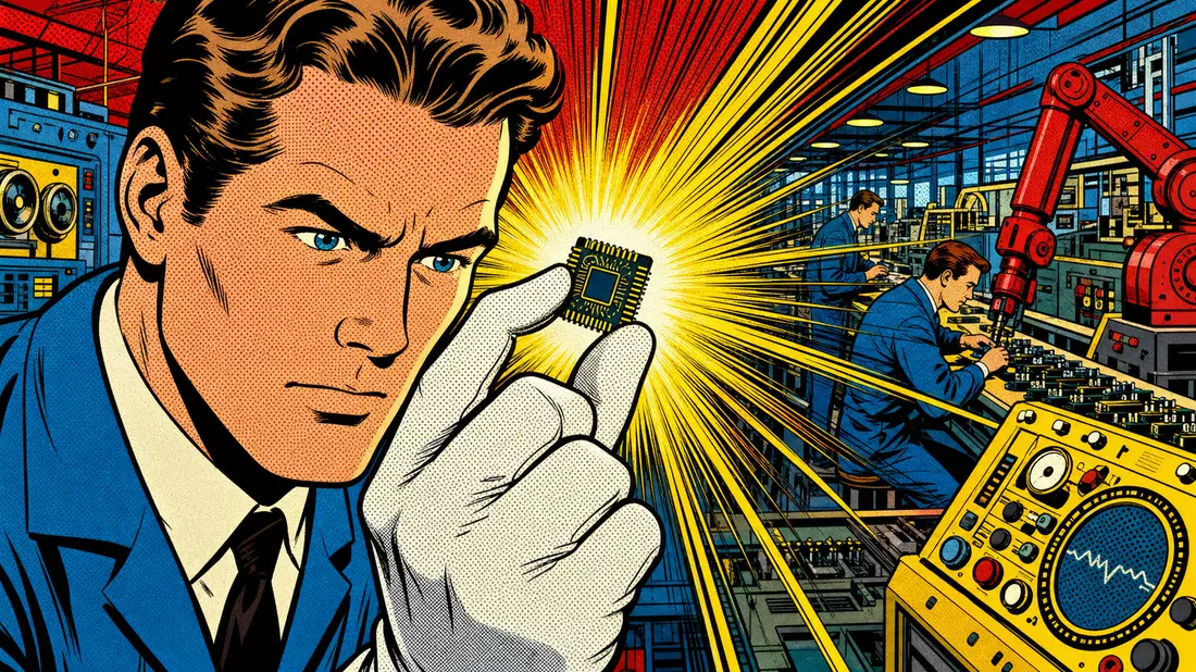 Pop-Art-Comic-Illustration eines Technikers, der einen leuchtenden Mikrochip in einer Fabrik hält