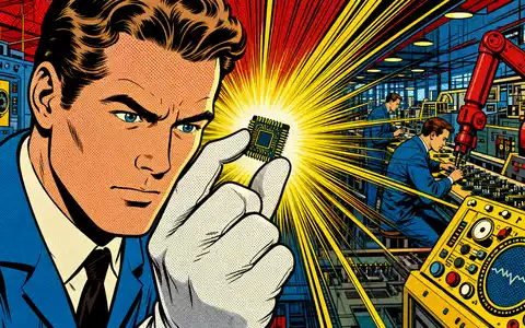 ON Semiconductor US6821891035 erscheint im Pop-Art-Comic-Stil mit Techniker und leuchtendem Mikrochip in Fabrik - Foto: THN