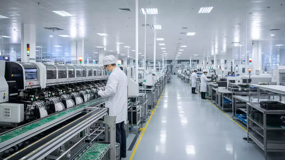 Moderne Elektronikfabrik mit automatisierten Bestückungsmaschinen und Leiterplatten