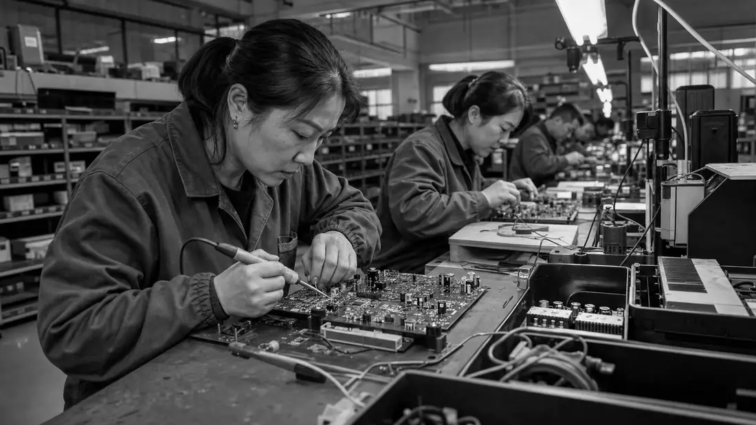 Schwarzweißfoto von Elektronikarbeitern beim Löten von Platinen in einer Fabrik
