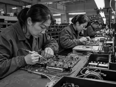 Jabil Inc. Reportage zeigt Techniker beim präzisen Löten von Elektronikbaugruppen in der Fabrik, ISIN US46612W1036 - Foto: THN