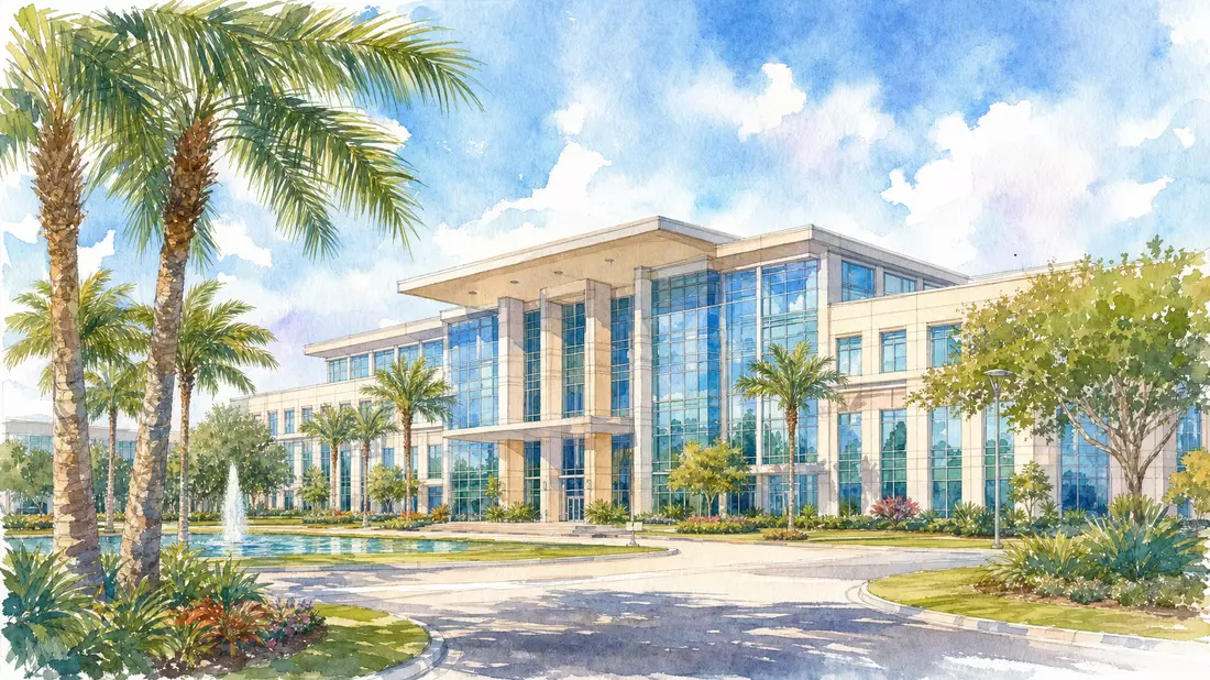 Aquarellmalerei des Unternehmenshauptsitzes in Florida mit Palmen und blauem Himmel