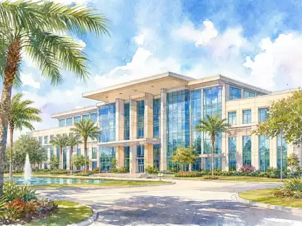 Jabil Inc. Hauptsitz in St. Petersburg Florida als stimmungsvolles Aquarell mit Palmen, ISIN US46612W1036 - Foto: THN