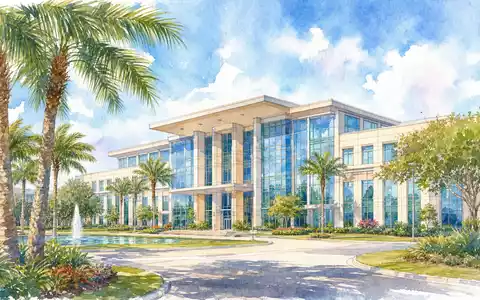 Jabil Inc. Hauptsitz in St. Petersburg Florida als stimmungsvolles Aquarell mit Palmen, ISIN US46612W1036 - Foto: THN