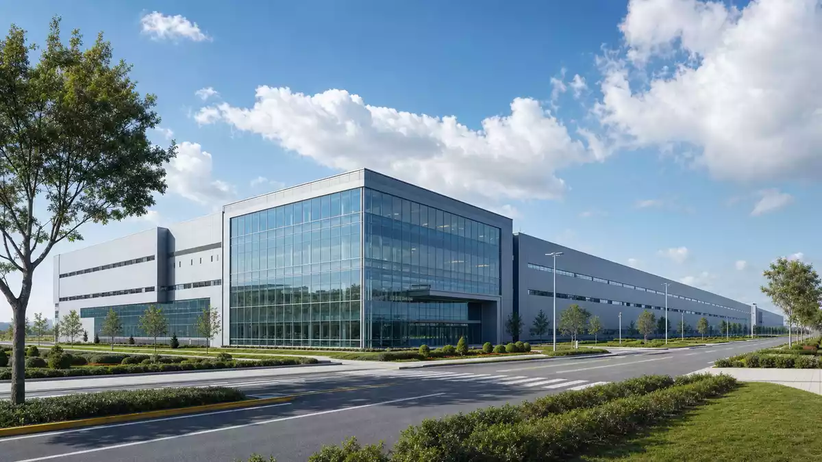 Architektur-CGI eines modernen Elektronikcampus mit Glas und Stahl unter blauem Himmel