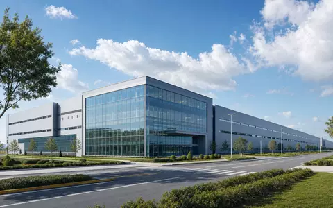 Jabil Inc. modernen Elektronikkampus als photorealistisches CGI-Render mit Glasfassade und Grünanlage, ISIN US46612W1036 - Foto: THN