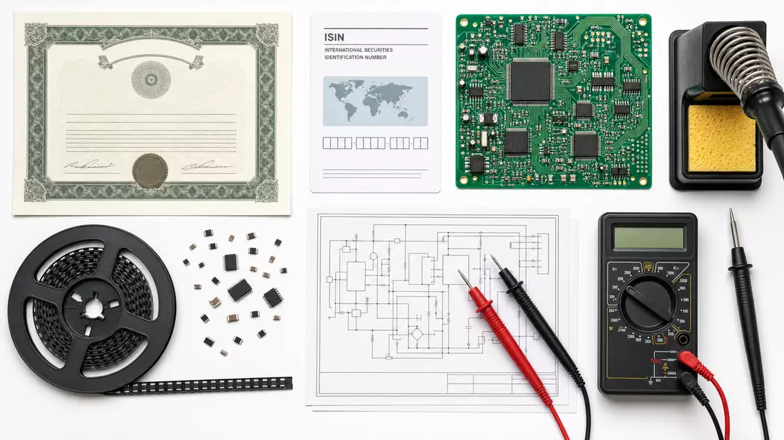 Flatlay mit Aktienzertifikat, Leiterplatte, Lötkolben und Multimeter auf weißer Fläche