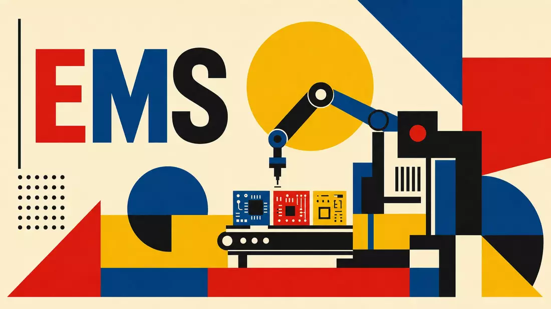 Bauhaus-Poster mit EMS-Text, Primärfarben und geometrischen Formen im Konstruktivismus-Stil
