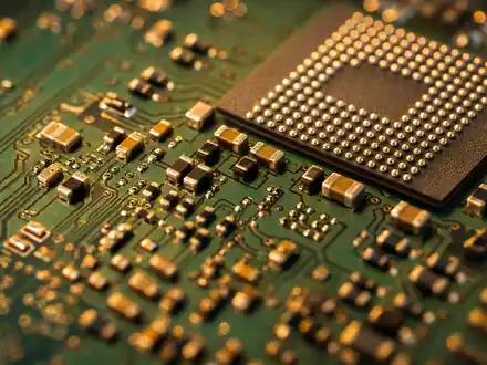 Jabil Inc. extreme Makroaufnahme einer grünen Leiterplatte mit goldenen SMD-Bauteilen und BGA-Chip, US46612W1036 - Foto: THN