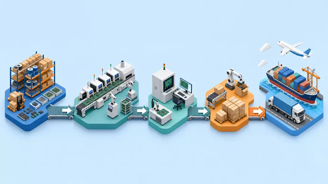 Isometrische 3D-Illustration der EMS-Wertschöpfungskette von Lager über Produktion bis Versand