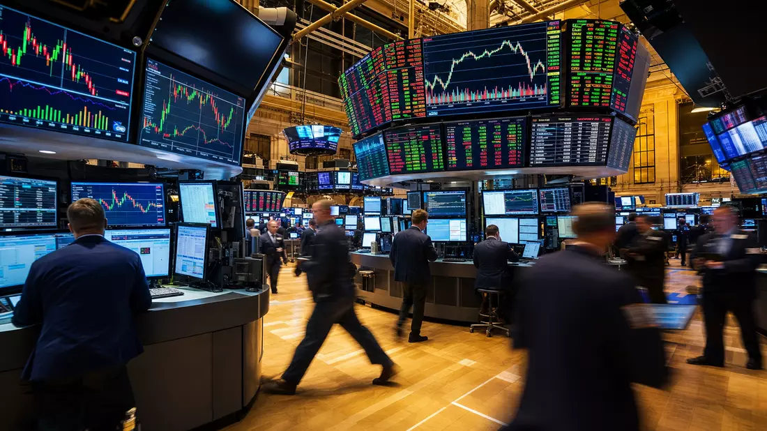 Lebhaftes NYSE-Börsenparkett mit Händlern an Workstations und Kursdiagrammen auf Screens