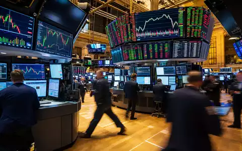 Jabil Inc. NYSE-Börsenparkett mit eiligen Händlern und Elektroniksektor-Kursdiagrammen auf großen Monitoren, US46612W1036 - Foto: THN