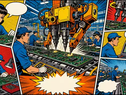 Jabil Inc. Pop-Art-Comic zeigt stilisierte Arbeiter und Roboterarm in bunter Elektronikfertigungsfabrik, US46612W1036 - Foto: THN