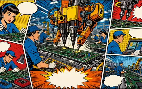 Jabil Inc. Pop-Art-Comic zeigt stilisierte Arbeiter und Roboterarm in bunter Elektronikfertigungsfabrik, US46612W1036 - Foto: THN