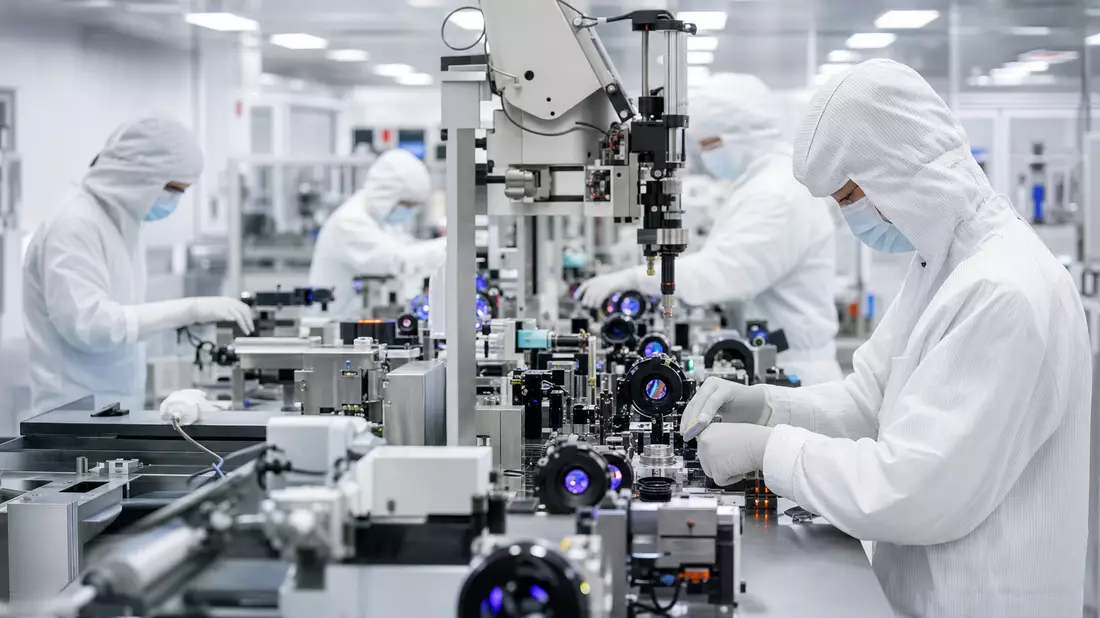 Photonik-Reinraum mit Technikern in Schutzanzügen bei Optik-Montage
