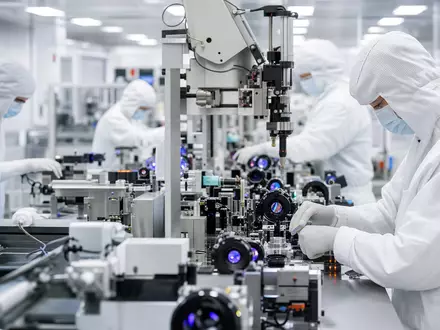 Jenoptik AG DE0006229107 zeigt Techniker in Reinraum bei präziser optischer Linsen Montage - Foto: THN
