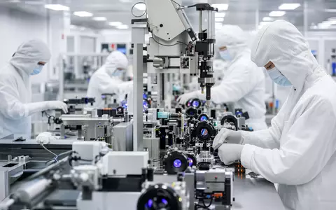 Jenoptik AG DE0006229107 zeigt Techniker in Reinraum bei präziser optischer Linsen Montage - Foto: THN