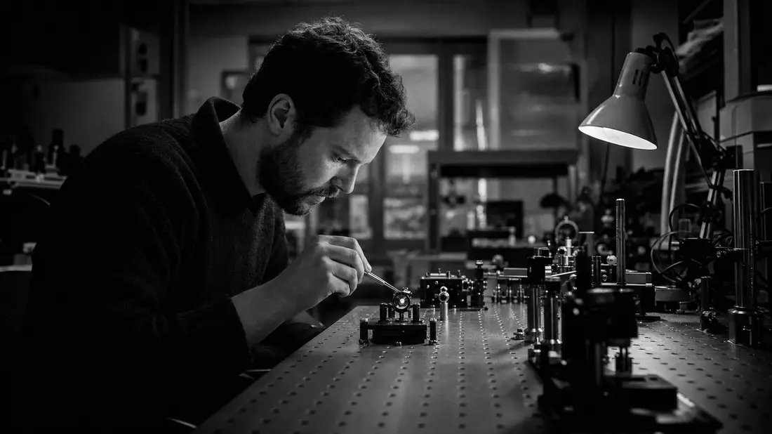 Schwarzweiß-Reportage: Ingenieur prüft Laseroptik an Optikbank im Labor