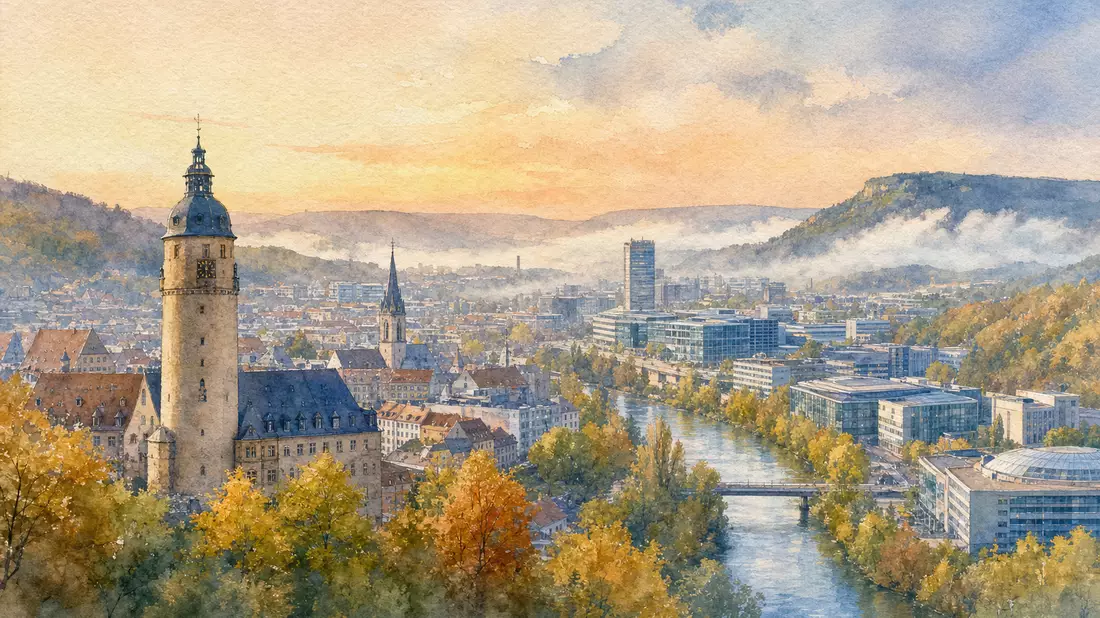 Aquarell-Panorama der Stadt Jena mit Saale-Tal, Turm und Technologiecampus
