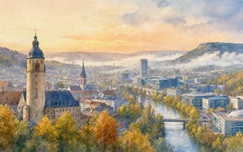 Jenoptik AG DE0006229107 Jena Stadtpanorama mit Saale Tal und Technologie Campus als Aquarell - Foto: THN