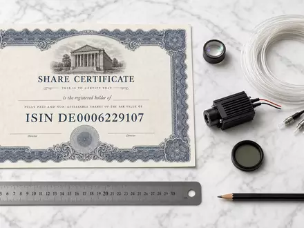 Jenoptik AG DE0006229107 Flatlay mit Aktien Zertifikat ISIN Karte optischer Linse und Laser Modul - Foto: THN