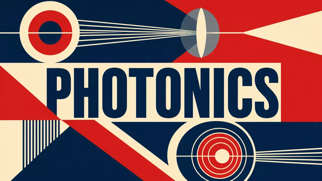 Bauhaus-Poster mit PHOTONICS-Schriftzug, geometrischen Kreisen und Lichtstrahlmotiven