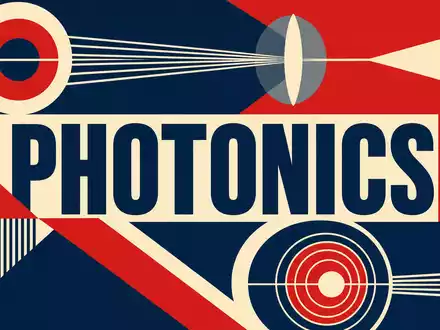 Jenoptik AG DE0006229107 Bauhaus Poster mit PHOTONICS Text und geometrischen Linsen Motiven in Primärfarben - Foto: THN