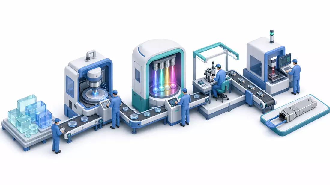 Isometrisches 3D-Diagramm der Photonik-Wertschöpfungskette mit Fertigungsstationen