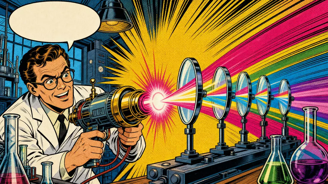 Pop-Art-Comic: Wissenschaftler schießt Laserstrahl durch Optiklinsen mit Halbtönraster