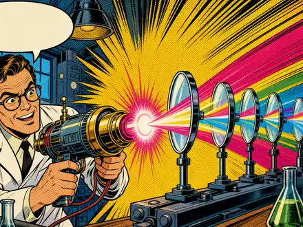 Jenoptik AG DE0006229107 Pop Art Comic Wissenschaftler schießt bunte Laser Strahlen durch Optik Linsen - Foto: THN