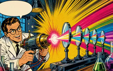 Jenoptik AG DE0006229107 Pop Art Comic Wissenschaftler schießt bunte Laser Strahlen durch Optik Linsen - Foto: THN