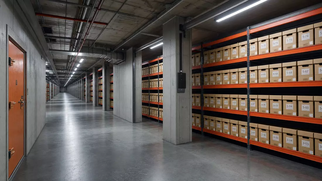 Weitläufiges unterirdisches Archivlager mit Regalreihen und Archivboxen