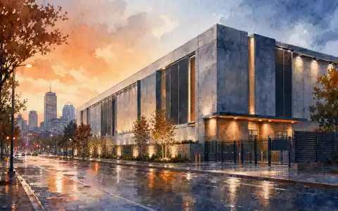 Iron Mountain Rechenzentrum US46284V1017 als Aquarell mit Bostoner Skyline im abendlichen Regenlicht - Foto: THN