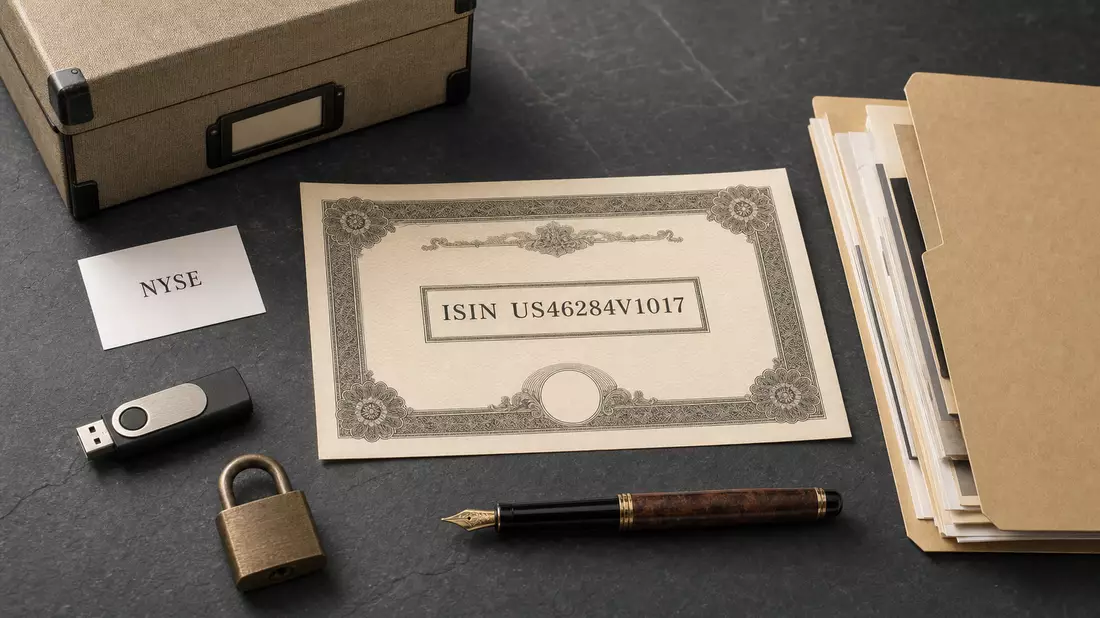 Flatlay mit Aktienzertifikat ISIN US46284V1017, NYSE-Karte, USB-Stick und Archivbox