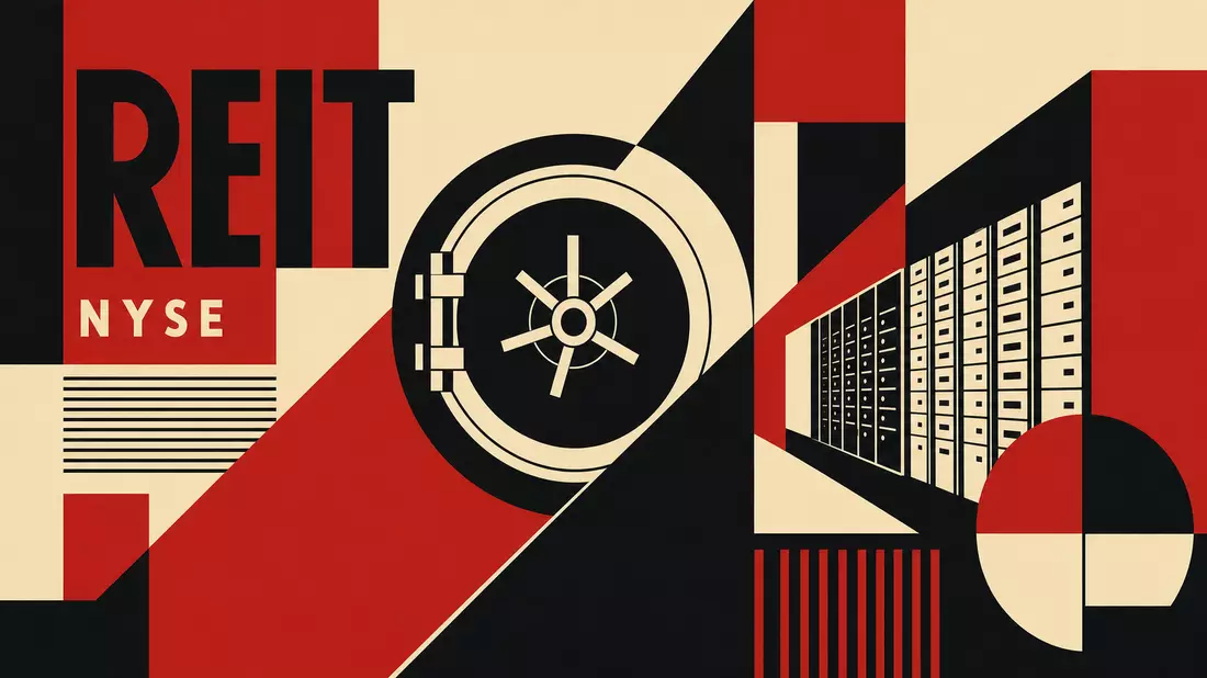 Bauhaus-Grafik mit REIT und NYSE Typografie in Rot, Schwarz und Creme