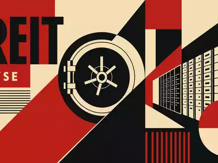 Iron Mountain Immobilien-REIT US46284V1017 als Bauhaus-Poster mit geometrischen Formen REIT und NYSE Schriftzügen - Foto: THN