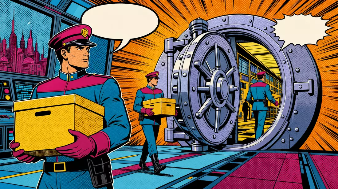 Pop-Art-Comic mit Sicherheitsmitarbeitern und riesiger Tresortür im Halftone-Stil