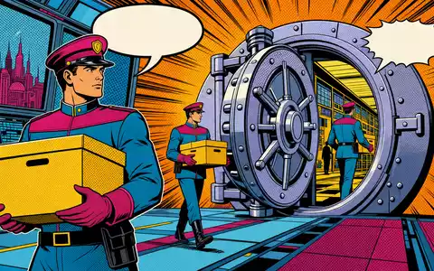 Iron Mountain Datentresor US46284V1017 als farbiger Pop Art Comic mit Sicherheitspersonal vor großer Tresortür - Foto: THN